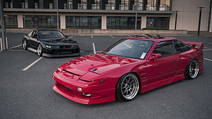 two red and black sports coupes, Nissan, Silvia, S13, Nissan 180SX
