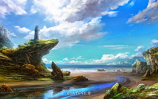 Cabal II lighthouse near sea under cloudy sky HD wallpaper