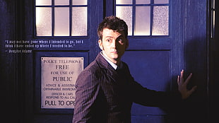 men's black suit jacket, Doctor Who, The Doctor, TARDIS, David Tennant
