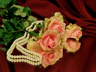 peach and yellow rose with pearled necklace