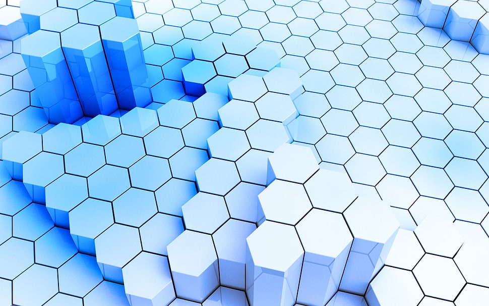 blue abstract illustration, hexagon, digital art, render, abstract HD wallpaper