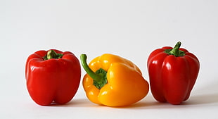 three red and yellow bell peppers photo HD wallpaper