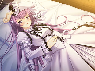 purple haired wearing white european dress anime character lays on bed