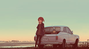 brown haired female anime character wallpaper, anime, car
