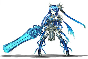 blue haired female warrior illustration