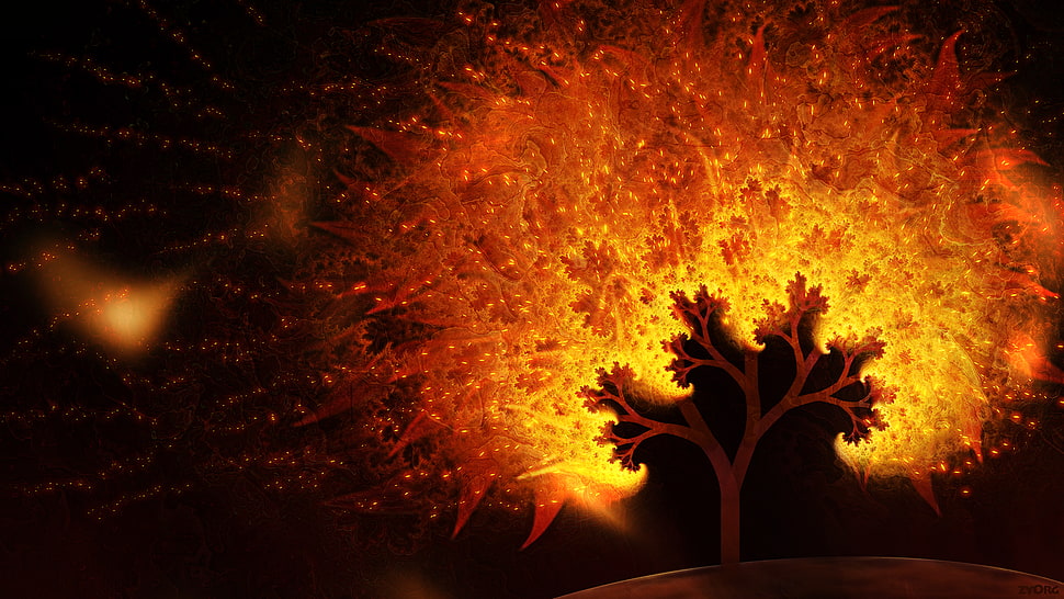 lone tree painting, abstract, trees, digital art, fire HD wallpaper