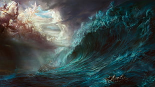 wave wallpaper, fantasy art, sea, boat, waves