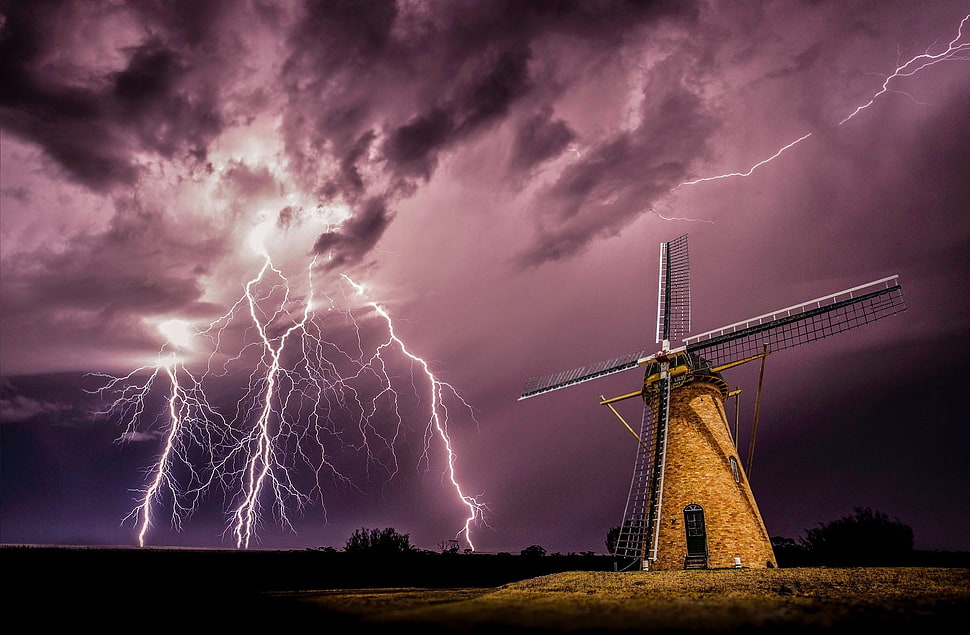 brown and black windmill, windmill, lightning, storm, clouds HD wallpaper