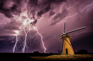 brown and black windmill, windmill, lightning, storm, clouds