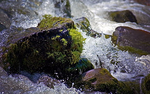 water flowing on rock formation HD wallpaper