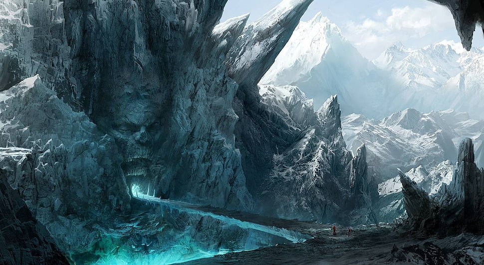 gray and green cave and bridge illustration, cave, ice, mountains, magic HD wallpaper