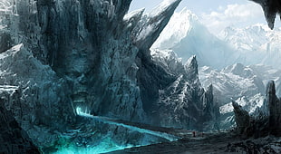 gray and green cave and bridge illustration, cave, ice, mountains, magic