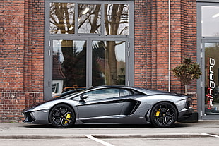 gray supercar parked beside shop during daytime HD wallpaper