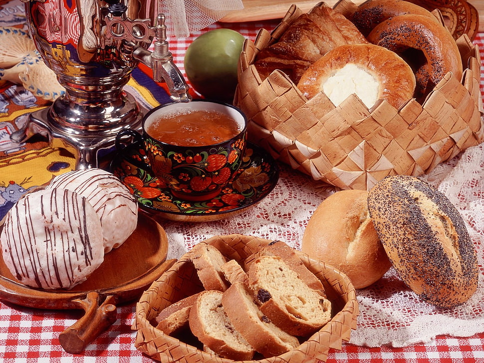 baked pastry with teacup on table HD wallpaper
