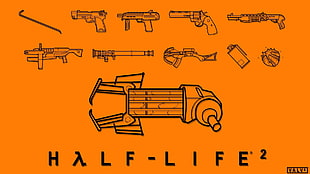 Half Life 2 weapon illustration with text overlay, Half-Life 2, Valve Corporation, video games, weapon