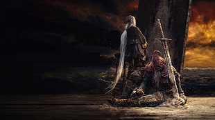 man with sword near woman sitting on chair illustration, Dark Souls III, The Painter, Slave Knight Gael, Ashes of Ariandel
