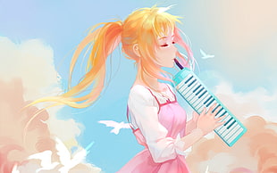 girl in pink apron dress playing melodica anime wallpaper