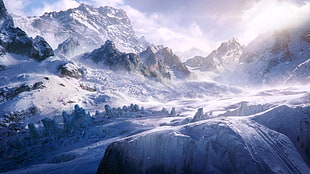 white mountain under white cloudy sky HD wallpaper