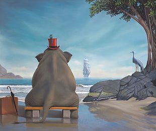 elephant sitting on bench at beach side painting, nature, animals, digital art, elephant HD wallpaper