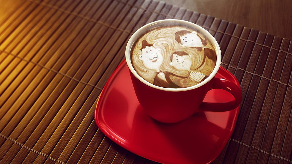 red ceramic mug, coffee, artwork HD wallpaper