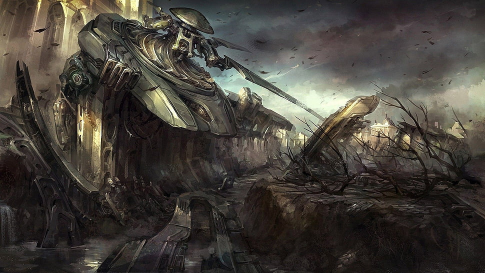 robot battleground digital wallpaper, mech, artwork, concept art, destruction HD wallpaper