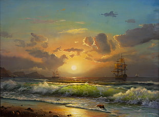 two galleon at sea wallpaper, ship, painting, waves, Sun