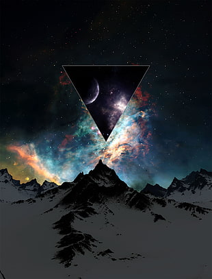 mountains with snow under stars and moon, polyscape, mountains