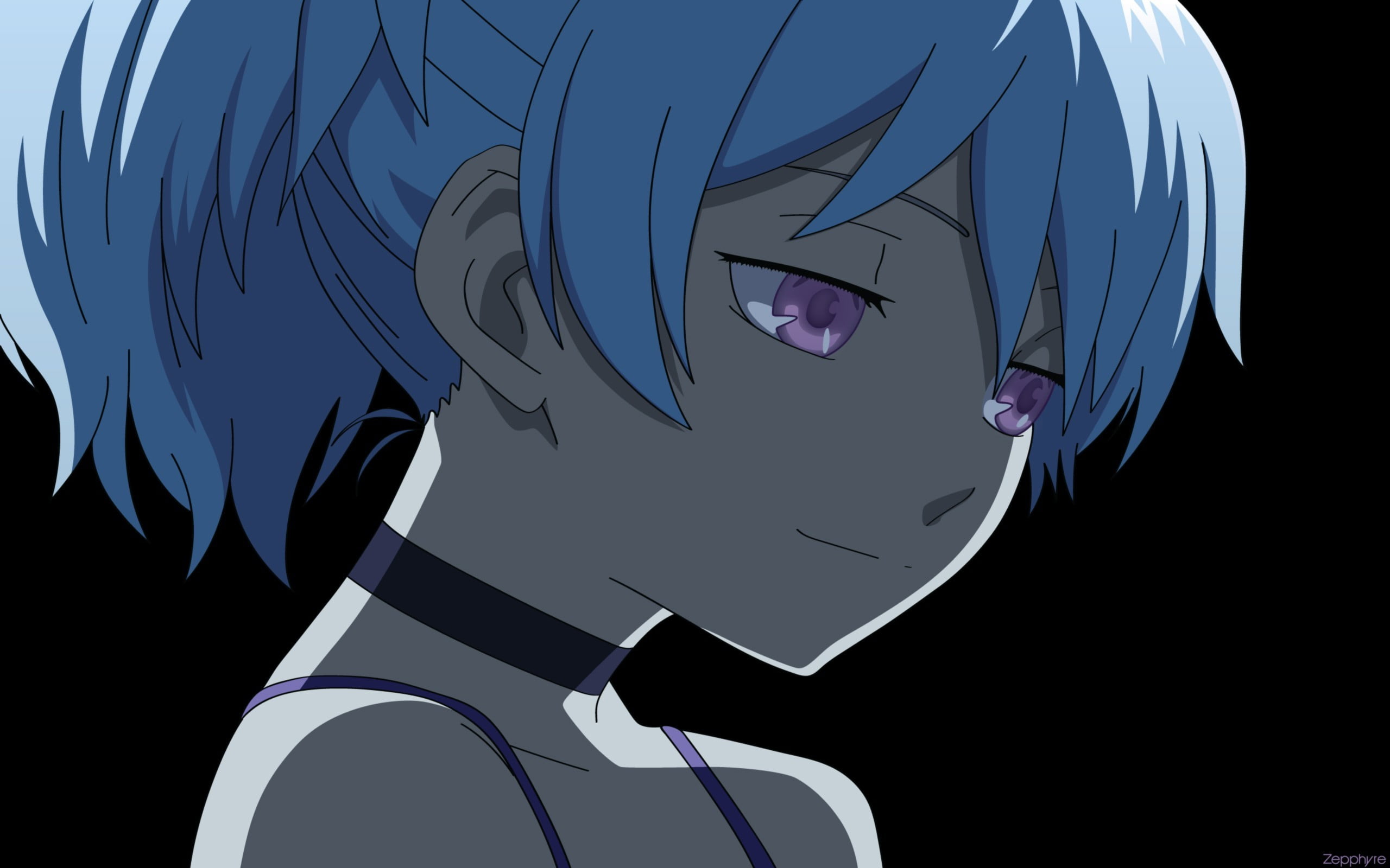 female anime character with blue hair and black choker necklace