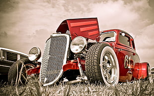 classic red vehicle, old car, Roadster, tuning HD wallpaper