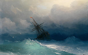 black galleon on sea painting, painting, Ivan Aivazovsky, sea, ship