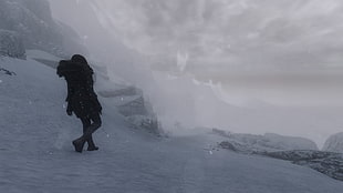 video game digital wallpaper, The Elder Scrolls V: Skyrim, snow, mountains, mist