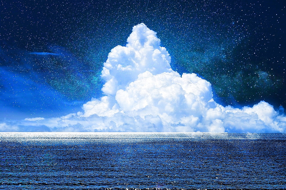 white and blue stone fragment, clouds, sea, fantasy art HD wallpaper