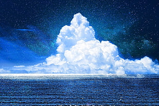 white and blue stone fragment, clouds, sea, fantasy art