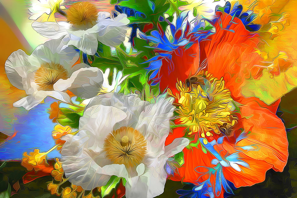 white orange and blue flowers HD wallpaper