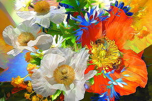 white orange and blue flowers