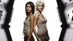 two women standing side by side in white background HD wallpaper
