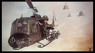 man in helicopter paintings, cartoon, Vietnam War