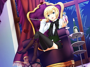 yellow haired anime girl holding wine bottle sitting on purple wing chair digital wallpaper