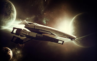 black and gray hunting rifle, Mass Effect, spaceship, planet, normandy sr-1 HD wallpaper