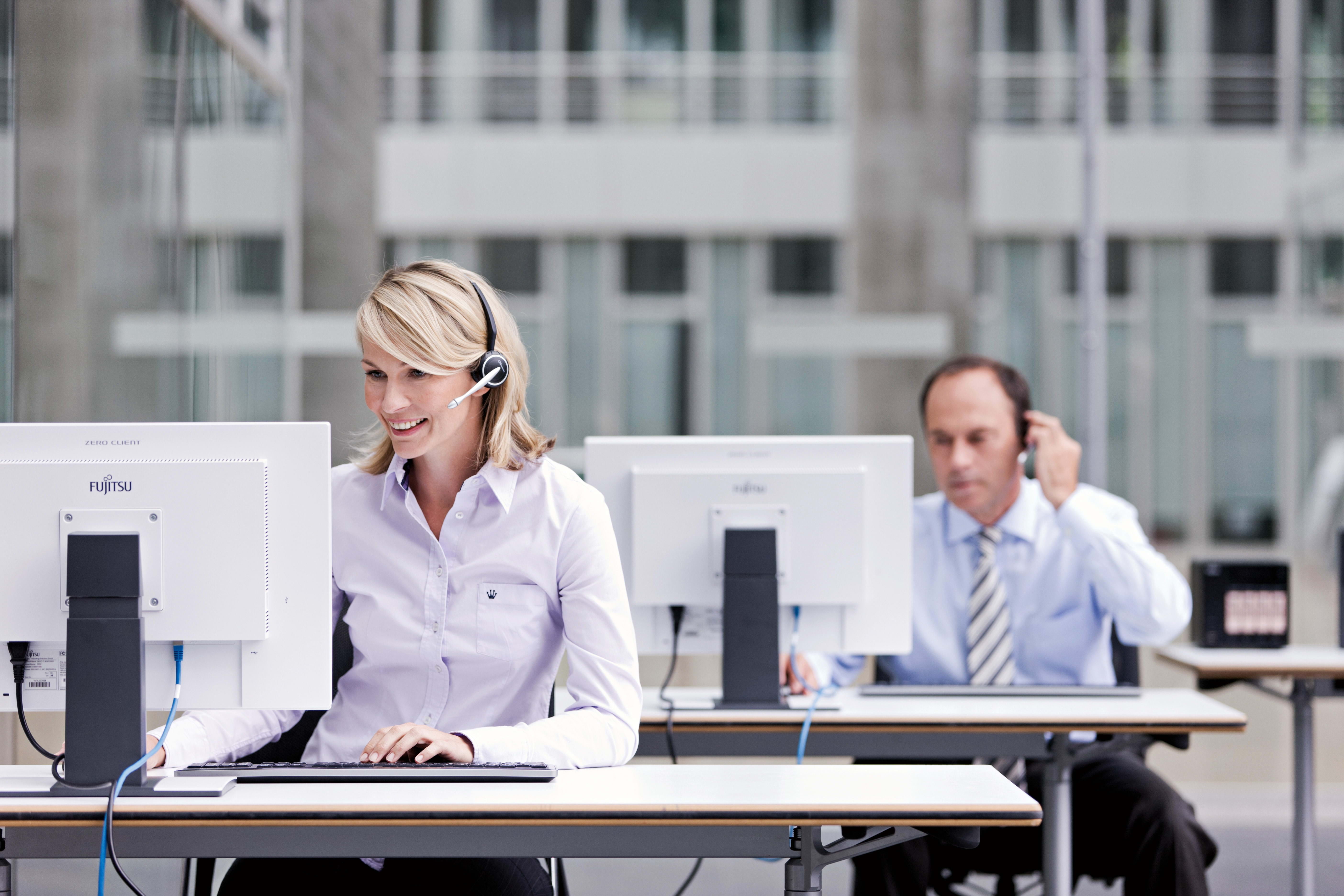 Woman and man sitting near computer desk wearing dress shirts HD wallpaper  | Wallpaper Flare