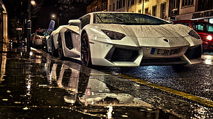 white luxury car, Lamborghini, Lamborghini Aventador, rain, wet