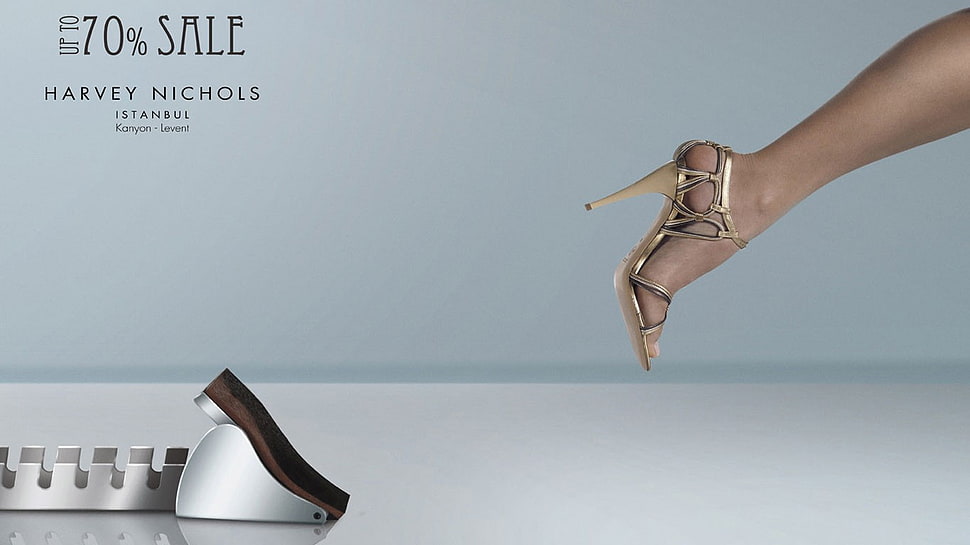 women's unpaired brown heels advertisement HD wallpaper