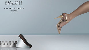 women's unpaired brown heels advertisement HD wallpaper