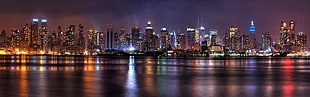 high rise buildings, New York City, city, night, lights