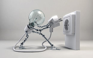 white light bulb, robot, lightbulb, digital art HD wallpaper