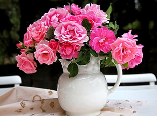 pink Rose and Peony flowers with white vase