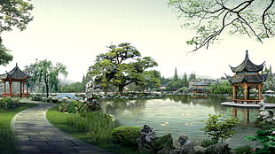 brown and gray wooden gazebo near body of water wallpaper, Japan, pond, path, trees HD wallpaper
