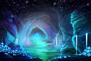 cave with water digital wallpaper, Undertale, waterfall