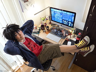 boy's blue zip-up jacket, Hiro Hamada (Big Hero 6), cosplay, Big Hero 6, computer