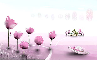 pink and white flower and miniature house HD wallpaper